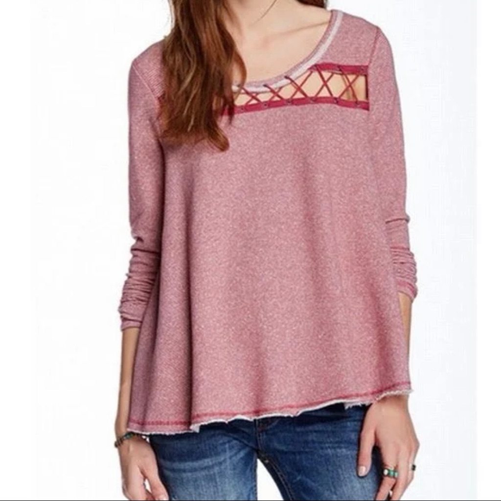 Free People Criss Cross Magenta Pink Striped Pullover Long Sleeve Sweatshirt Top